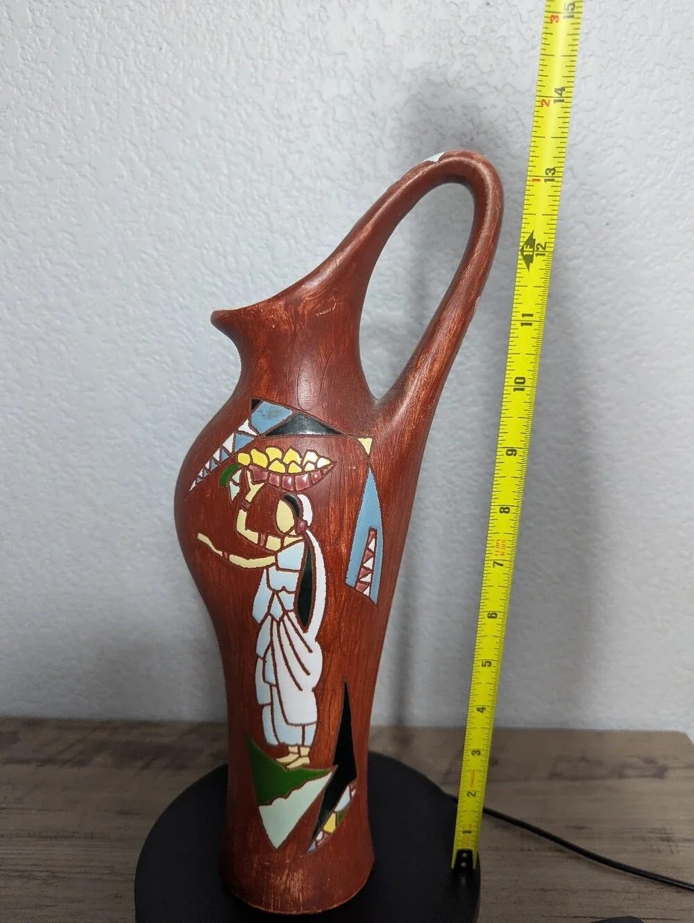 VTG MCM Keramos Israel Pottery Pitcher Vase Signed Israel Taub 13.5